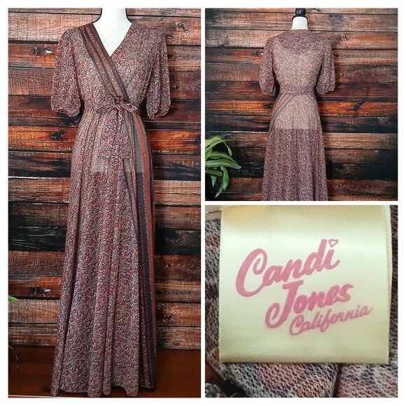Candi Jones Vintage 1970s Maxi Dress Sheer Belted Peasant Prairie Full Floral - Picture 1 of 10